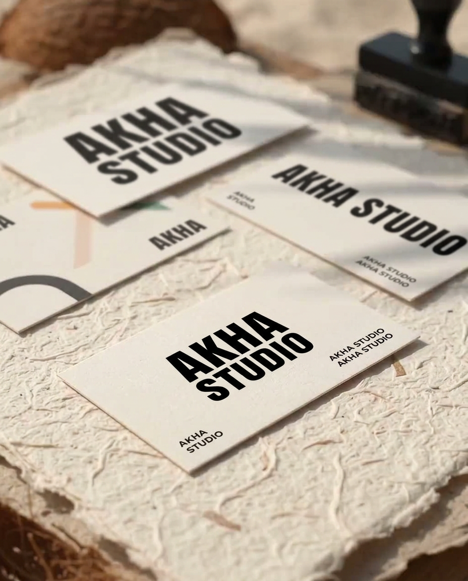 AKHA Studio branding worktable with identity applications and material samples