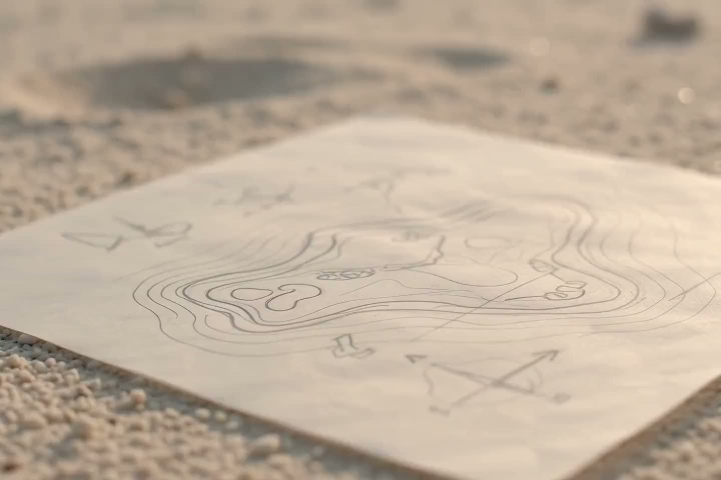 A hand-drawn Maldivian island concept plan on coral sand, lifting in the breeze